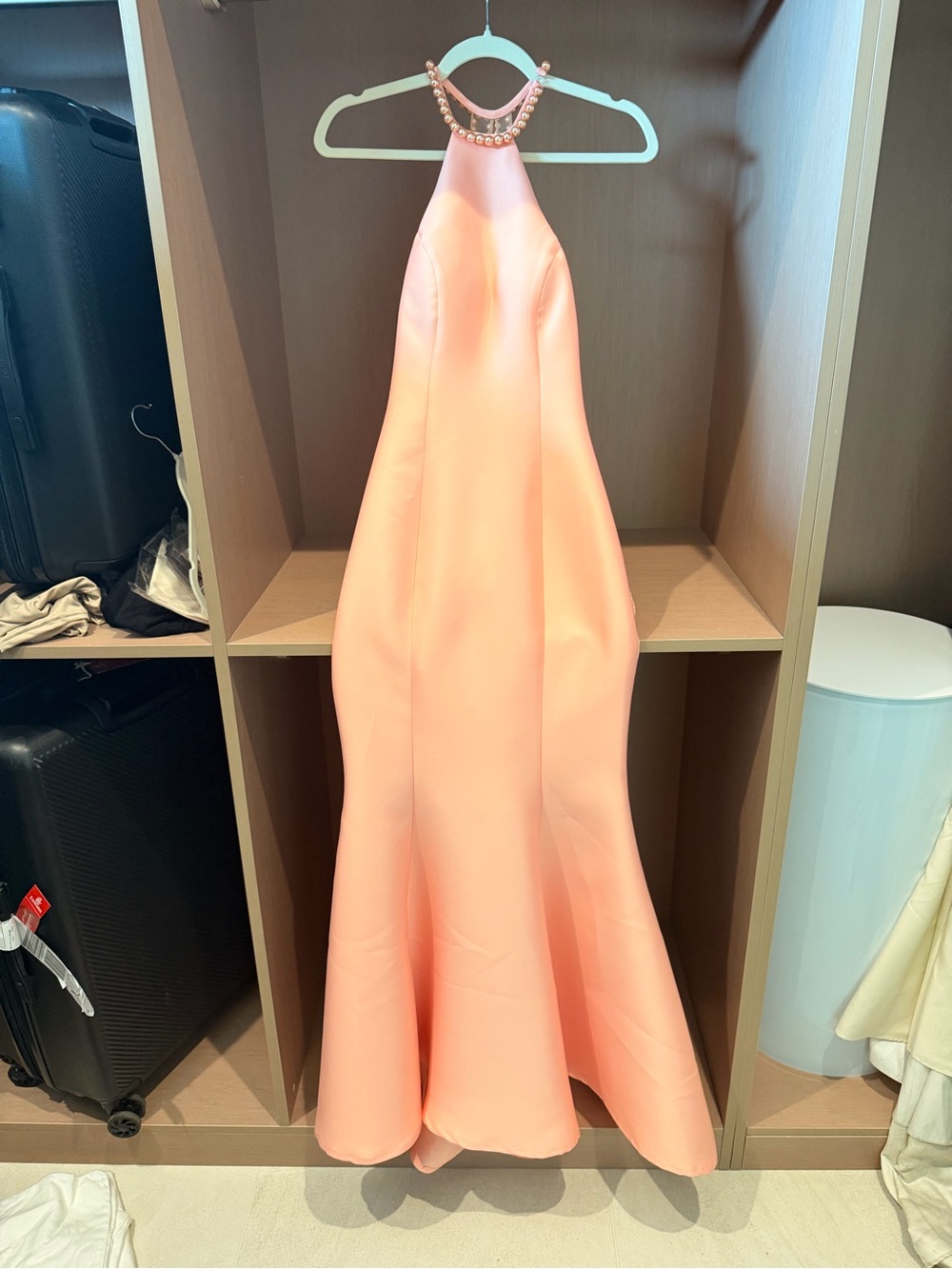 Tarik Ediz Peach Lace Halter Dress with Pearl Strap